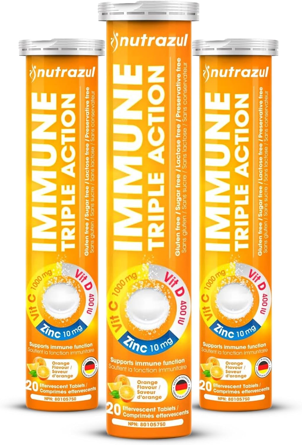 Nutrazul Immune Triple Action Effervescent Tablets, Vitamin C 1000mg with Vitamin D and Zinc, Orange Flavour, 60 Tablets (3 Packs of 20) - görsel 1