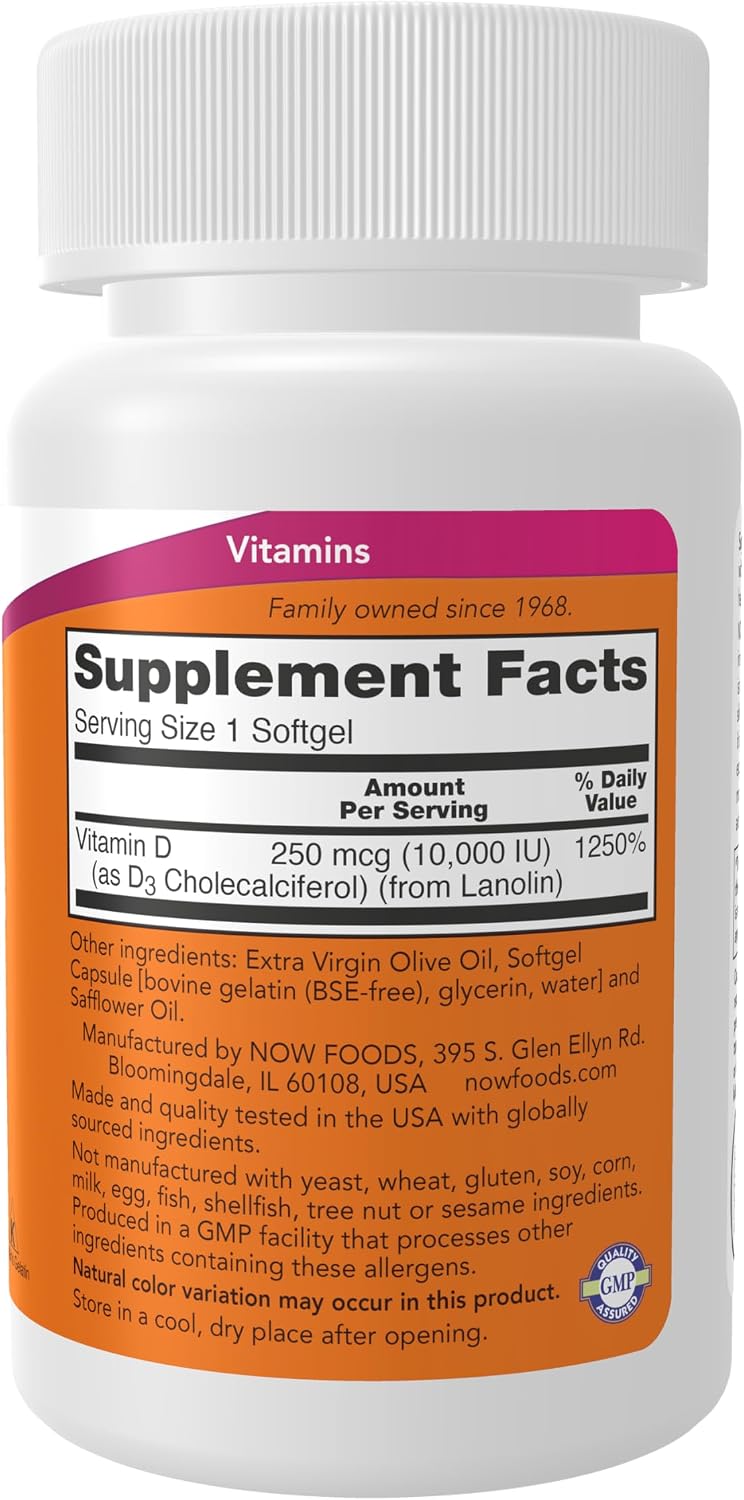NOW Foods Vitamin D-3 10,000 IU, High Potency, Bone Health Support, 30 Softgels - görsel 2