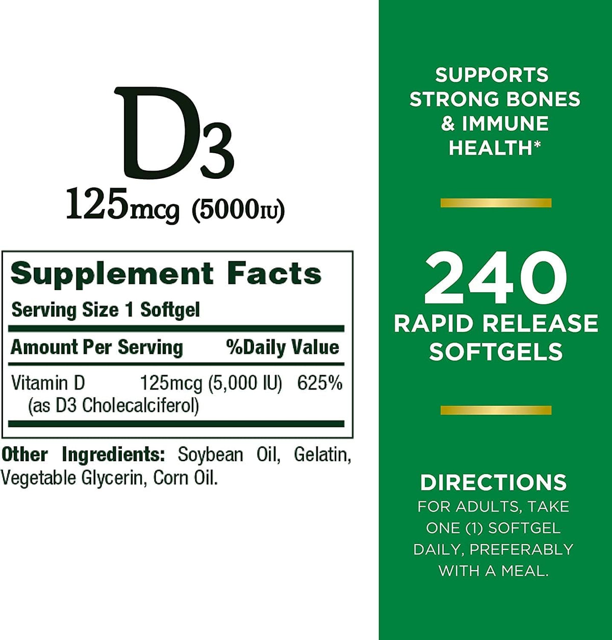 Nature's Bounty Vitamin D3, 5000 IU, Rapid Release Softgels, 240 Count (Pack of 2) - görsel 2
