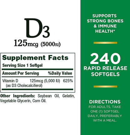 Nature's Bounty Vitamin D3, 5000 IU, Rapid Release Softgels, 240 Count (Pack of 2)