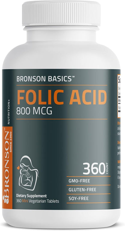 Bronson Folic Acid 800 mcg Supports Prenatal Development, Non-GMO, 360 Tablets