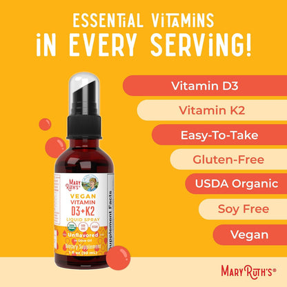 MaryRuth's Organic D3 + K2 Spray - Vitamin D3 & K2 (MK-7) for Bone Health, Immunity & Normal Blood Clotting - Vegan, Non-GMO, Gluten-free - 30 ml