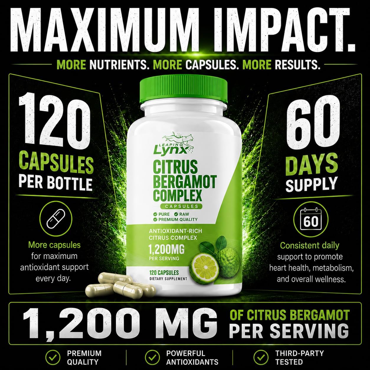 Leaping Lynx Citrus Bergamot 1200 mg – Heart Health & Cholesterol Support, 120 Capsules - görsel 3