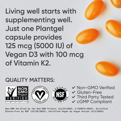 Sports Research Vitamin D3 K2 with 5000 IU of Plant-Based D3 & 100 mcg of Vitamin K2 as MK-7, Non-GMO Verified & Vegan Certified - 160 Liquid Soft gel capsule Capsules