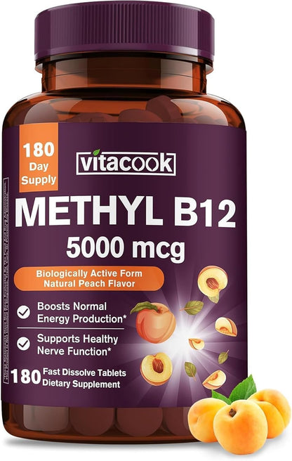 Vitacook Vitamin B12 Sublingual, Methylcobalamin 5000mcg, Natural Peach Flavour, 90 Fast Dissolve Tablets