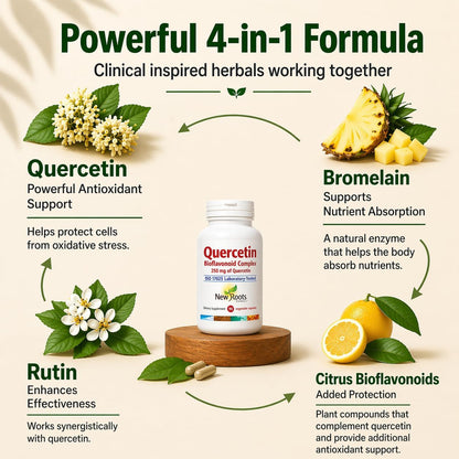 NEW ROOTS HERBAL Quercetin with Bromelain Capsules | 4-in-1 Formula | Immune System Support & Cardiovascular Health | 90 Vegetable Capsules, Non-GMO