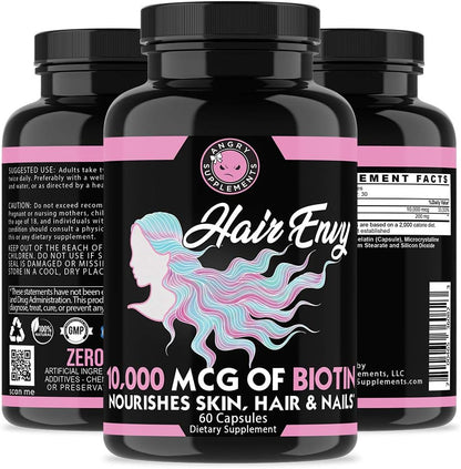 Angry Supplements Hair Envy – 10,000 mcg Biotin + Keratin Supplement (3 Bottles)