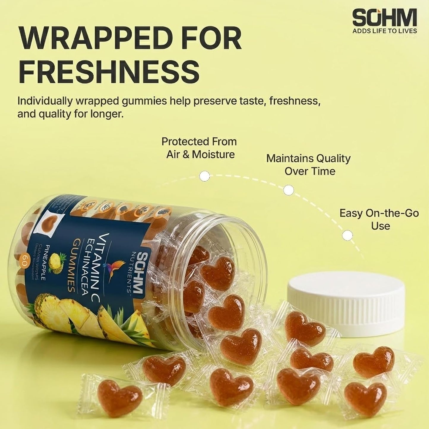 SOHM Vitamin C + Echinacea Gummies - 60 Count - Individually Wrapped - Vegetarian - görsel 5