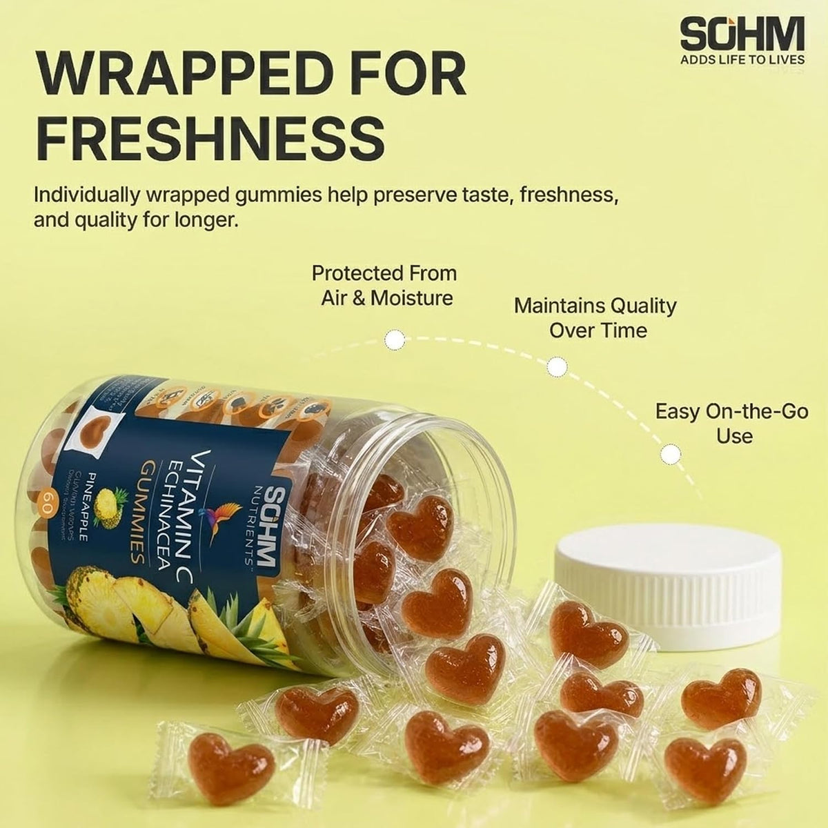 SOHM Vitamin C + Echinacea Gummies - 60 Count - Individually Wrapped - Vegetarian - görsel 5