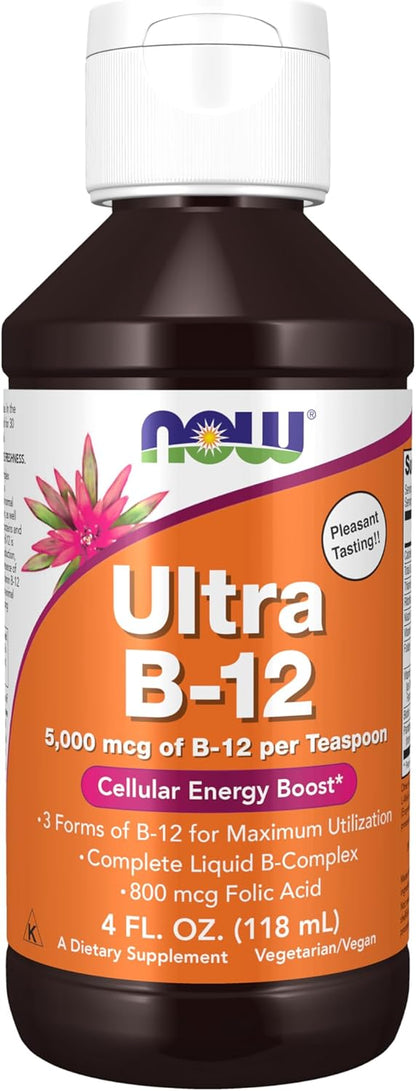 NOW Foods Ultra B-12 Liquid – 5000 mcg B12 with 800 mcg Folic Acid, 118 ml (4 fl oz)
