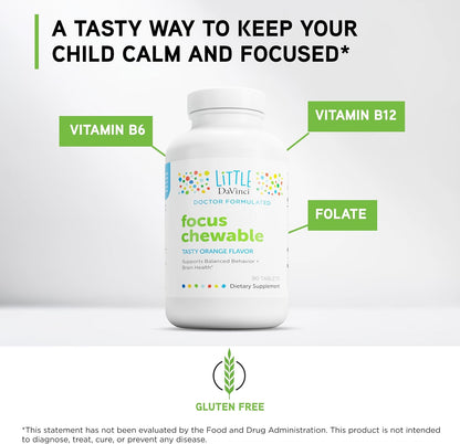Little DaVinci Focus Chewable - Supplement to Support Behaviour, Brain Health, and Immune Health for Children - With Vitamin B6, Folate, Vitamin B12, and More - Orange Flavour - Sugar-Free - 90 Tablets