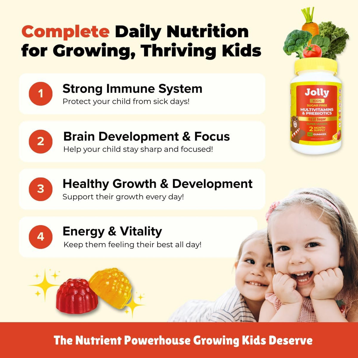 Jolly Kids Multivitamin Gummies – 60 Gummies Sugar-Free Vitamins for Children (Ages 4-12) with Allulose & Prebiotics – Organic Gummy for Immune Support, Digestive Health & Concentration – Plant-Based – Strawberry Lemon - görsel 5