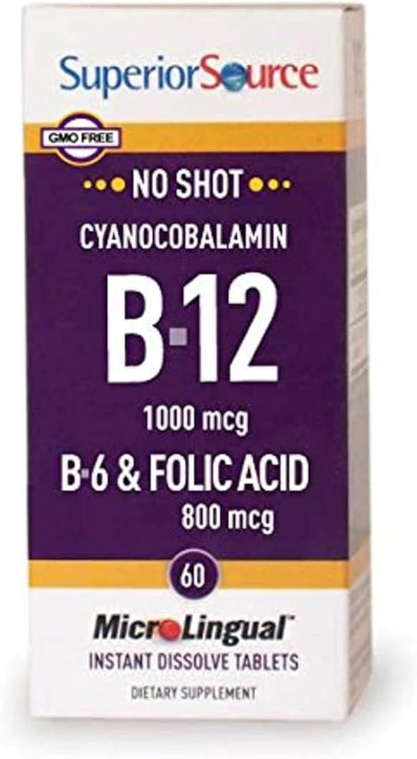 Superior Source No Shot Vitamin B-12 Cyanocobalamin 1000 mcg, B-6, Folic Acid 800 mcg – 60 Sublingual Tablets - görsel 1