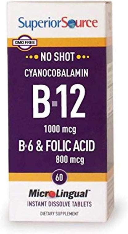 Superior Source No Shot Vitamin B-12 Cyanocobalamin 1000 mcg, B-6, Folic Acid 800 mcg – 60 Sublingual Tablets