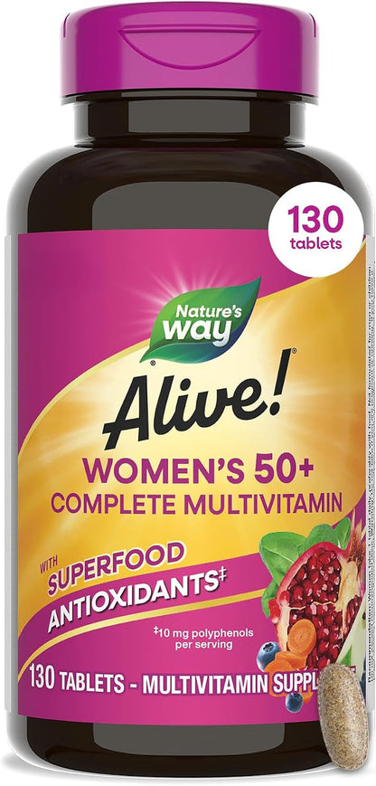 Nature's Way Alive! Women's 50 Plus Complete Multivitamin Tablets - Daily Vitamin for Women 50+ with 21 Essential Nutrients and Superfood Antioxidants, 130 Tablets