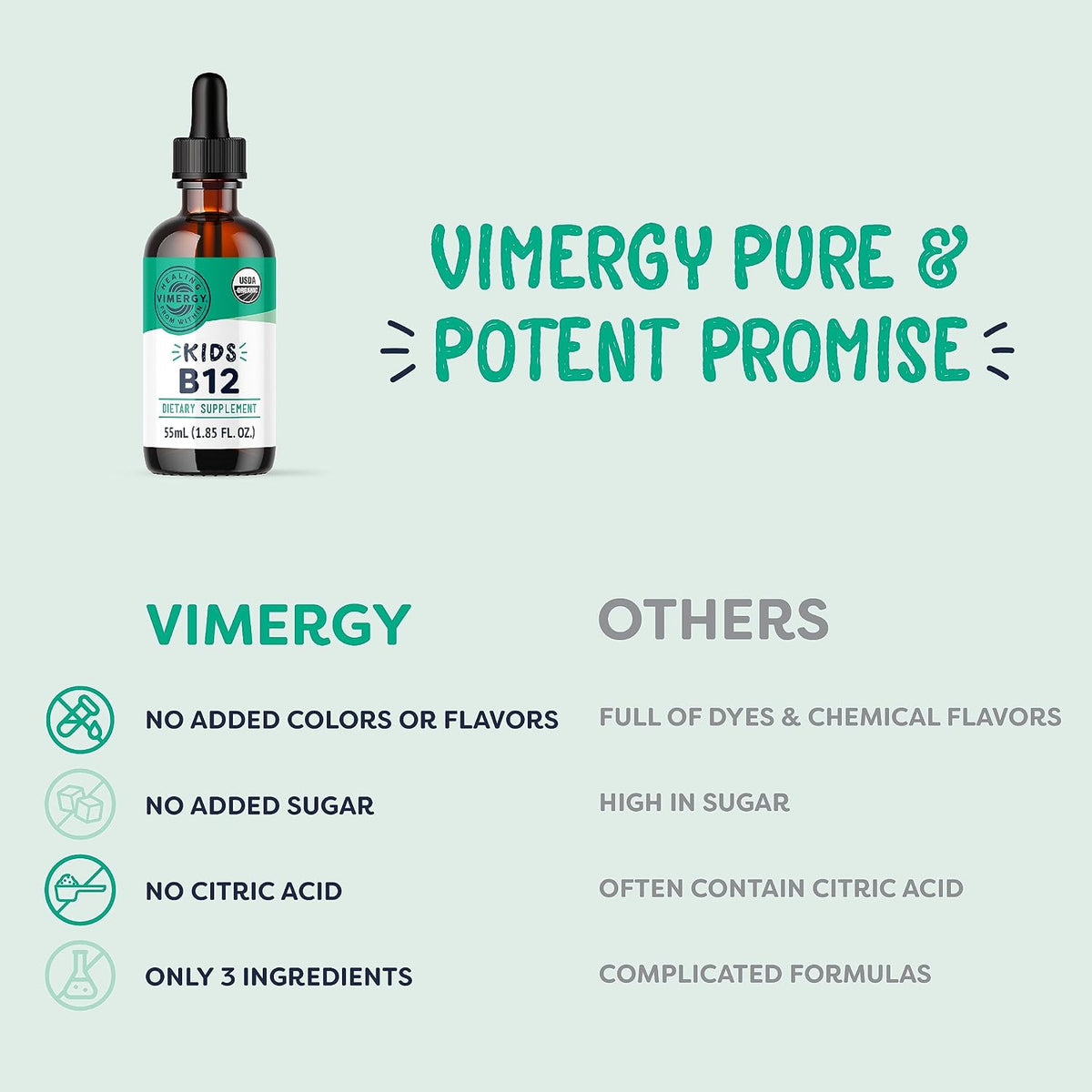 Vimergy Kids USDA Organic Liquid B12 – Promotes Physical Development & Cognitive Function – Fast-Absorbing Immune Support – Vegan, Non-GMO – 55 mL - görsel 4