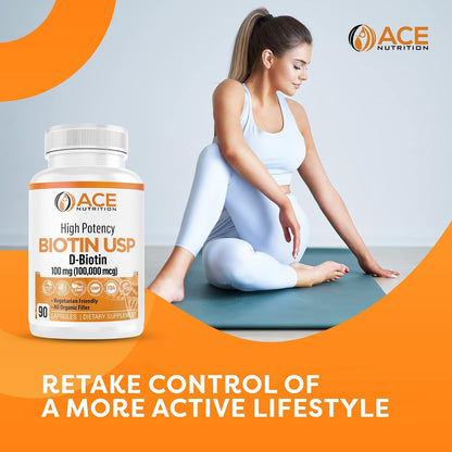 Ace Nutrition High Potency Biotin 100,000 mcg – D-Biotin USP, Vegetarian Capsules for Hair, Skin and Myelin Health – 90 Count