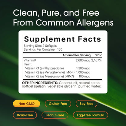 NatureBell Vitamin K Complex - 300 Softgels - 2600µg Full Spectrum K1 & K2 (MK-4 & MK-7)