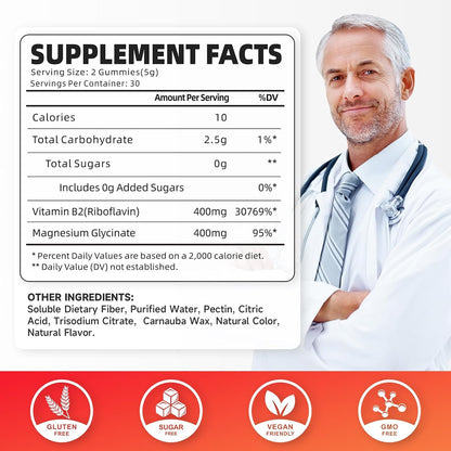 GrnLife Vitamin B2 Gummies – Riboflavin 400mg with Magnesium – Strawberry Flavour (60 Count)