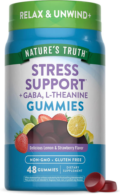 Nature's Truth Stress Relief Gummies for Adults - with GABA, L-Theanine, and Lemon Balm - Lemon Strawberry Flavour - Non-GMO & Gluten-free