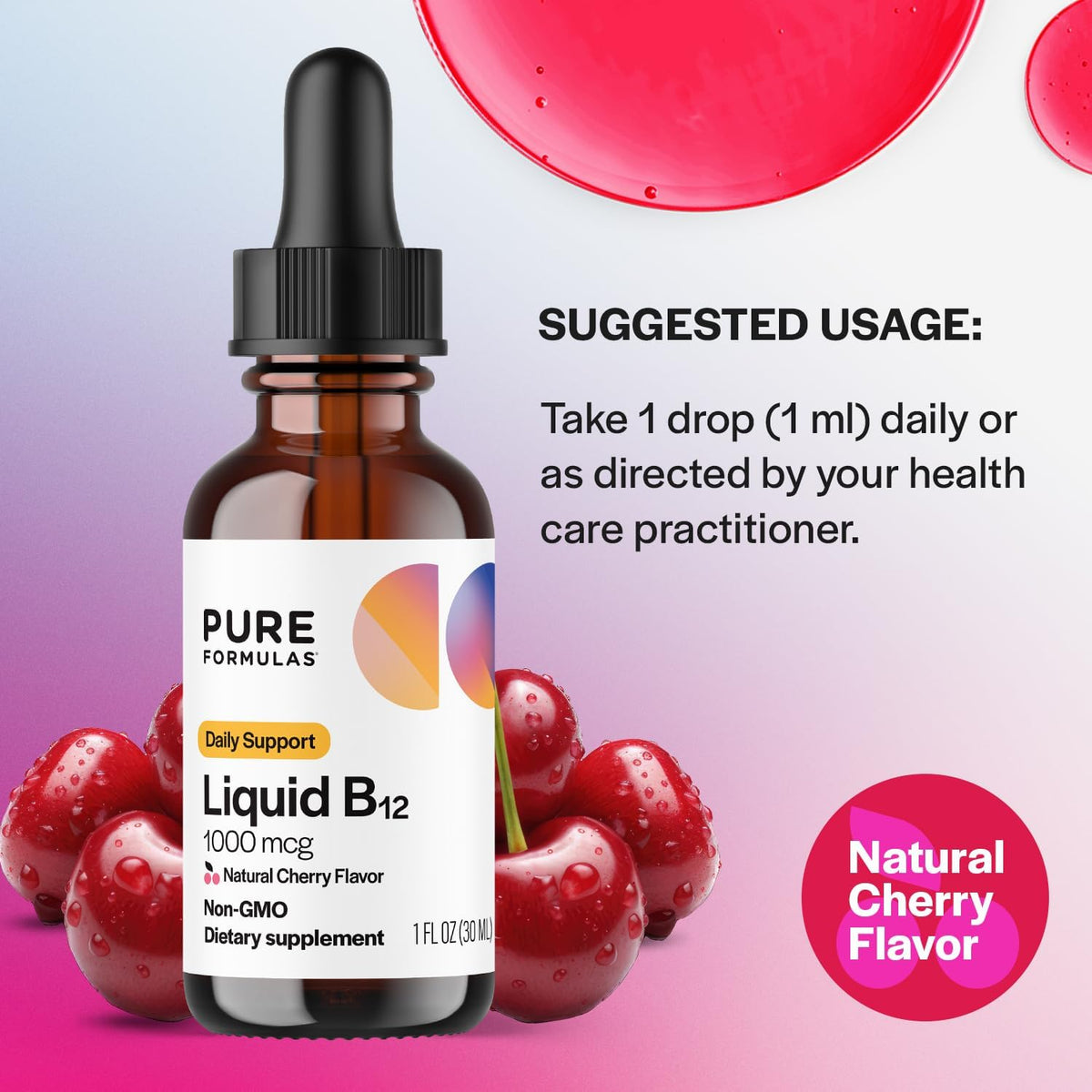 PureFormulas Liquid B12 1000 mcg - Natural Cherry Flavour Sublingual Drops, 30 ml - görsel 4