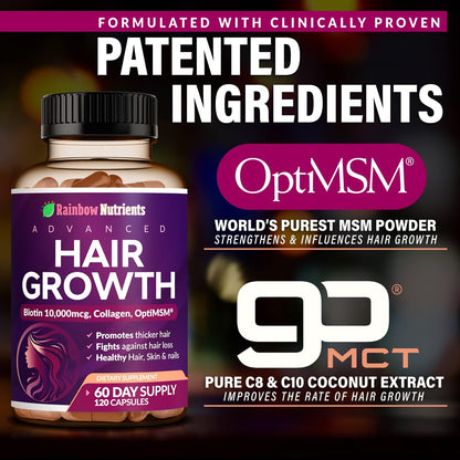 Rainbow Nutrients Hair Growth Vitamins for Women | Biotin 10,000mcg, Collagen, OptiMSM, Saw Palmetto | 60-Day Supply