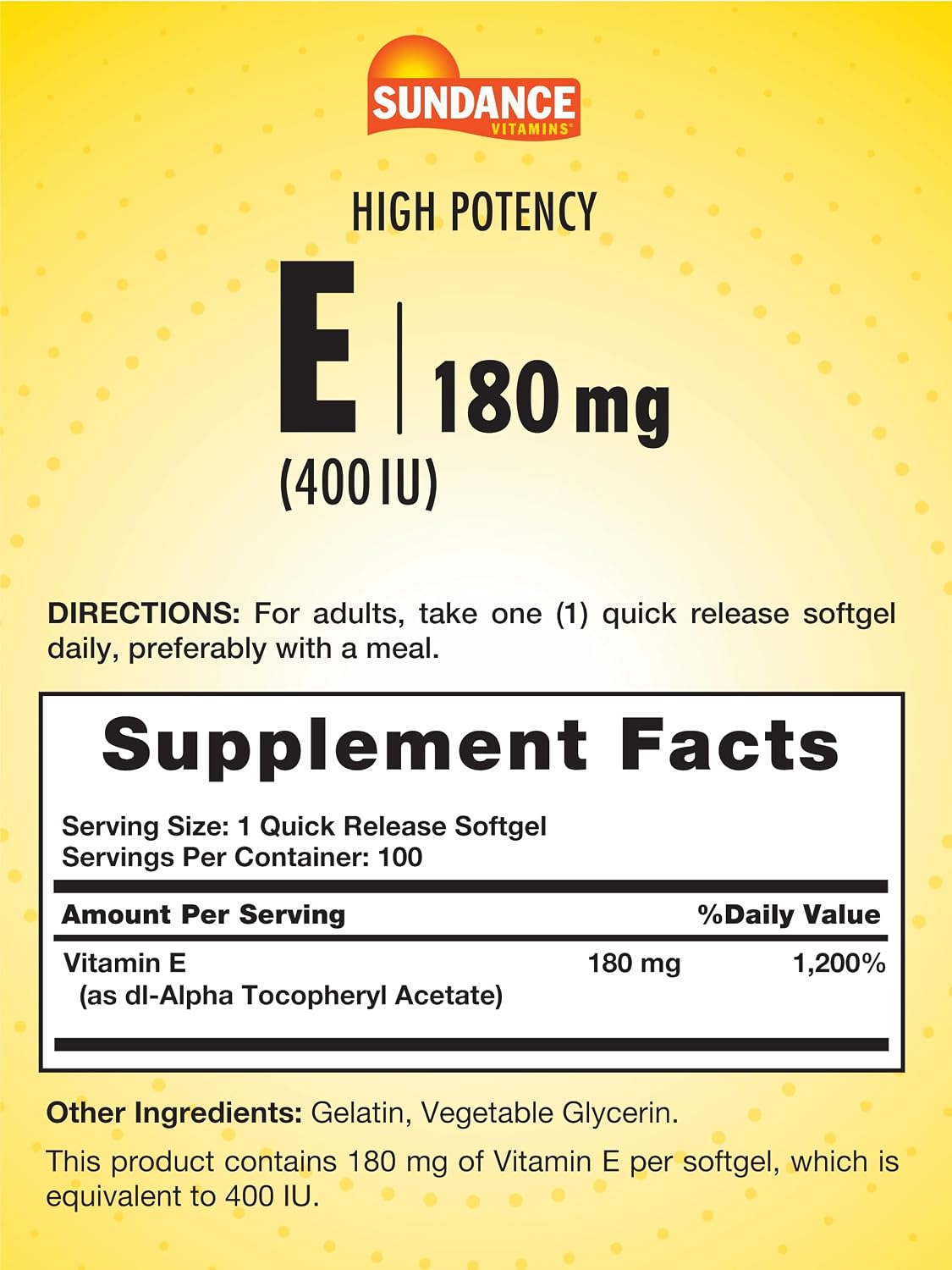 Sundance Vitamin E 180mg (400 IU) | 100 Quick Release Softgels | High Potency Formula | Non-GMO and Gluten-free Supplement - görsel 2