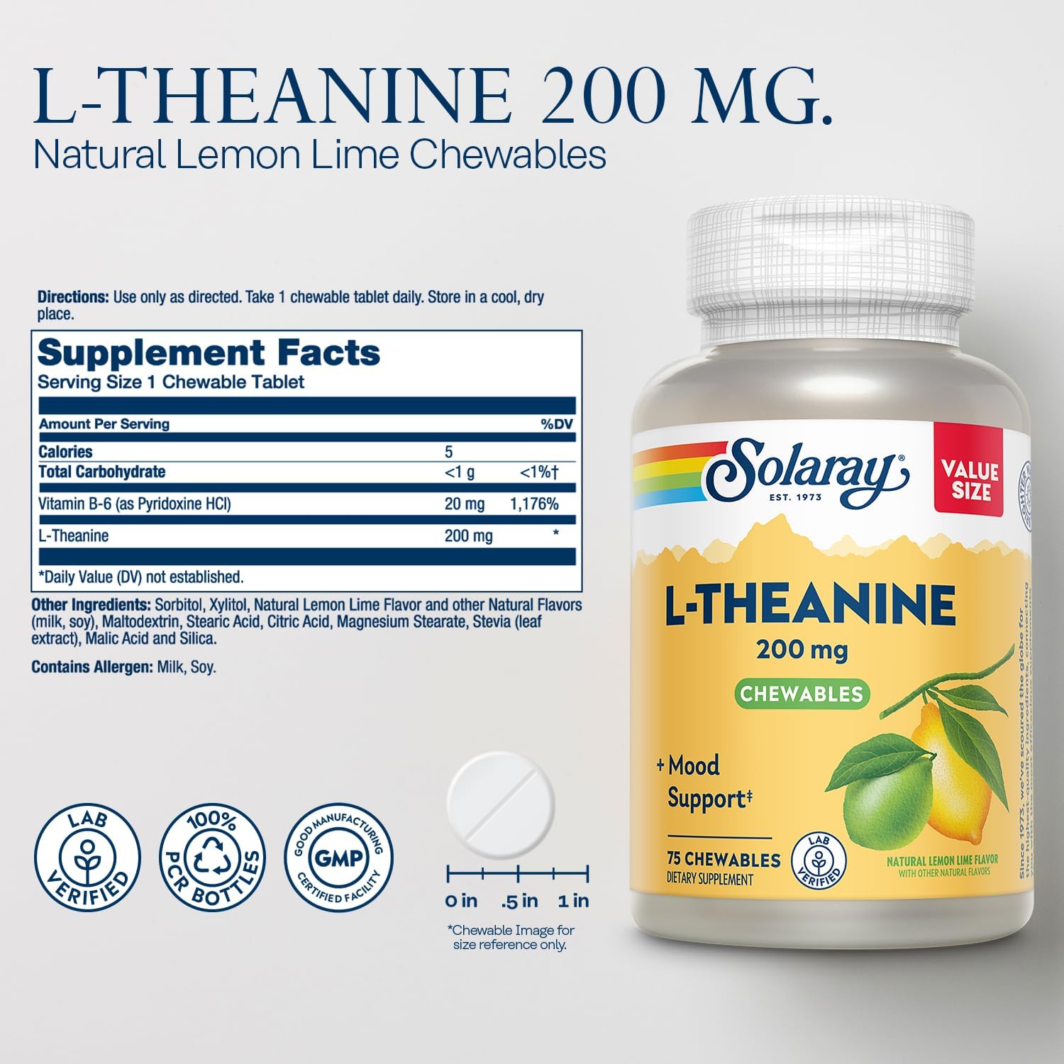 SOLARAY L-Theanine 200mg with Vitamin B6 - Mood Support Chewable Tablets - görsel 2