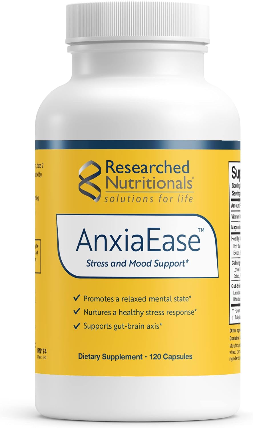 Researched Nutritionals AnxiaEase - Stress & Cortisol Support Food Supplement - Botanicals, Vitamin B6, Magnesium & Psychobiotic Probiotic Strains (120 Capsules) - görsel 1