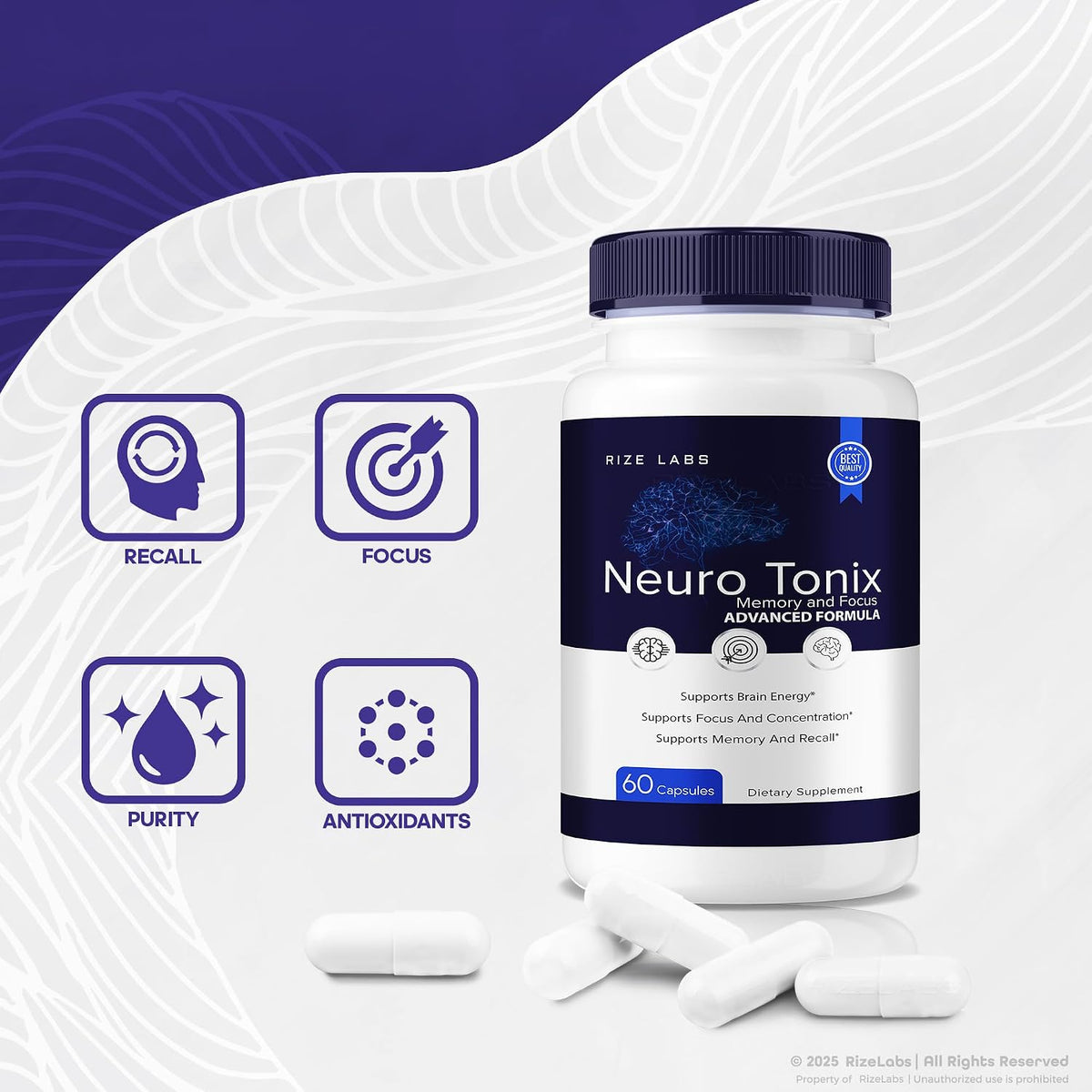 rize labs Neuro Tonix Capsules for Memory and Focus, Advanced Formula Boosts Concentration and Clears Brain Fog - Pack of Five (300 Capsules) - görsel 5