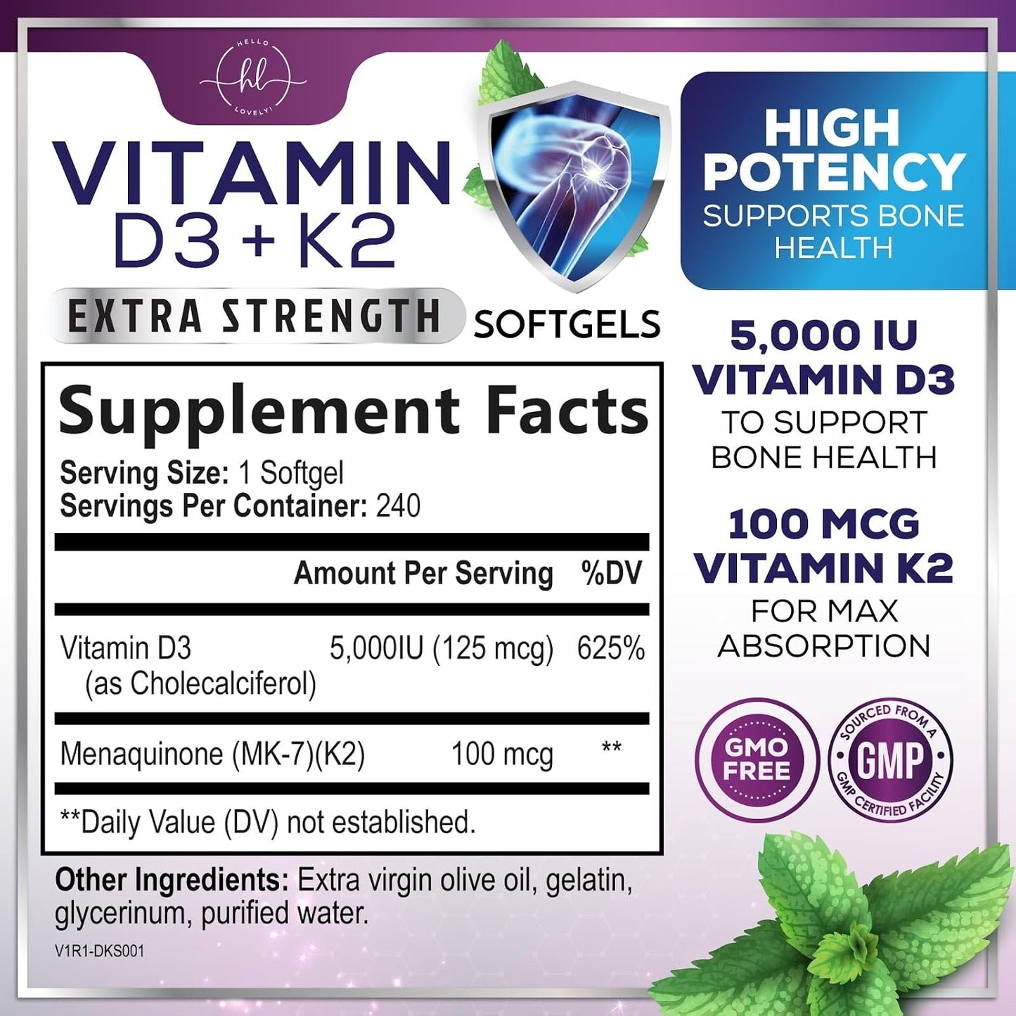 Hello Lovely! Vitamin D3 5000 IU with K2 MK-7 - 240 Soft Capsules - görsel 2