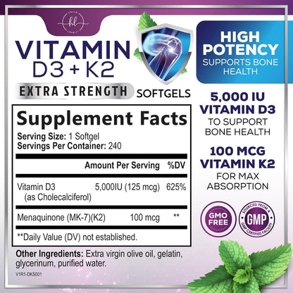 Hello Lovely! Vitamin D3 5000 IU with K2 MK-7 - 240 Soft Capsules