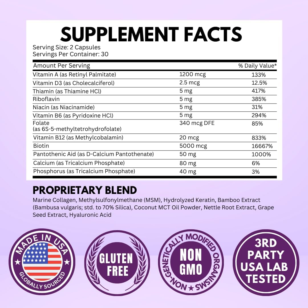 VITBOOST Biotin with Hyaluronic Acid, Collagen and Keratin – 25000 mcg Hair Support Vitamins for Men and Women – Nails and Skin, USA-made - Third Party Tested, B1, B2, B3, B6, B7 Complex - 60 Capsules - görsel 6