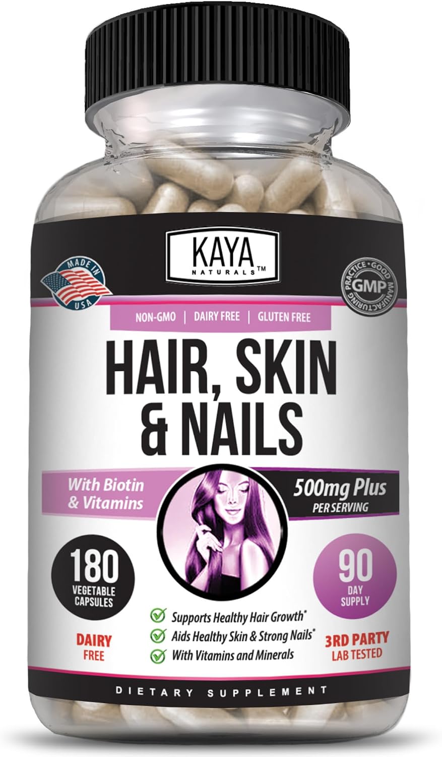 Kaya Naturals Hair, Skin & Nail Capsules with Biotin, Vitamin D, B-12, A, Folic Acid - 180 Capsules - görsel 1
