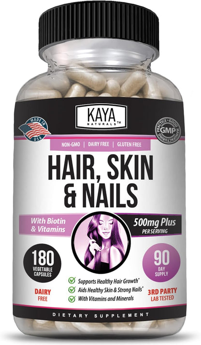 Kaya Naturals Hair, Skin & Nail Capsules with Biotin, Vitamin D, B-12, A, Folic Acid - 180 Capsules