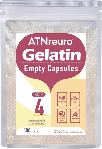 ATNreuro Empty Gelatin Capsules Size 4 - Clear Empty Capsules 100 Count, Fillable Pill Small Gel Caps DIY Gelatin Capsule 4