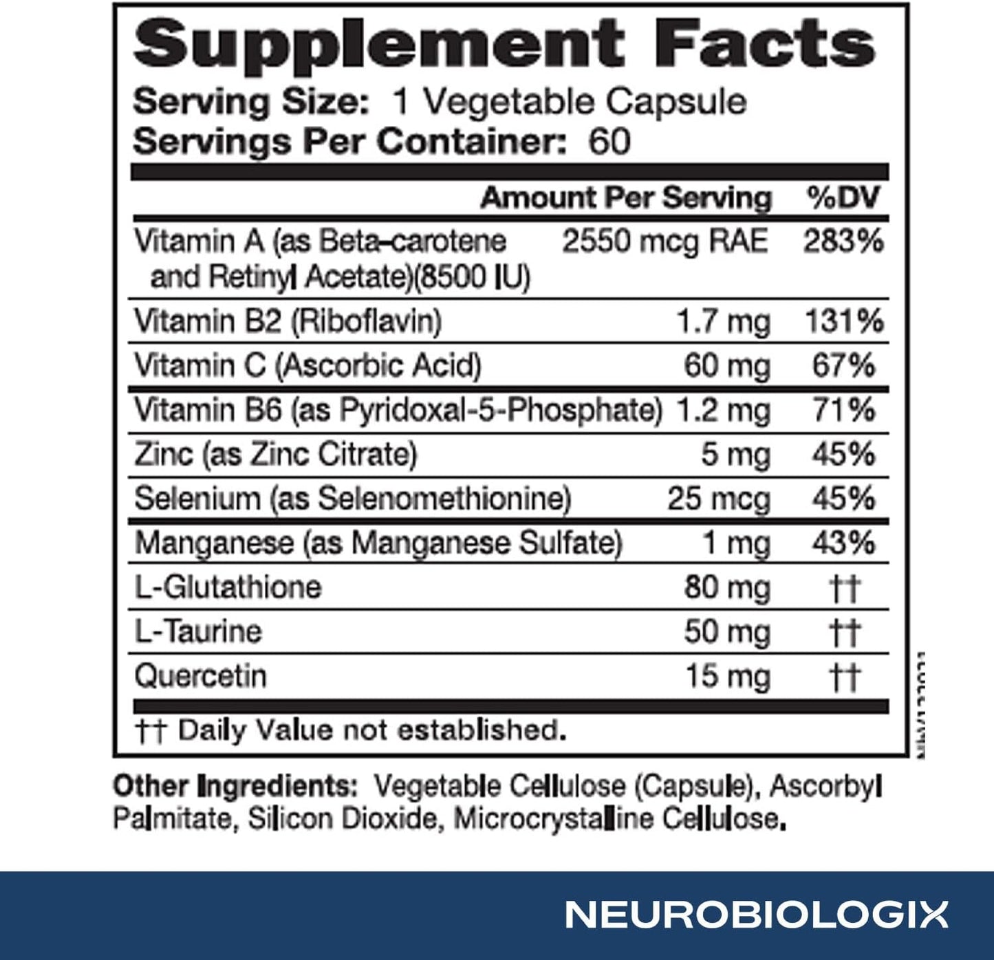 Neurobiologix Glutathione Ultra - L-Glutathione Antioxidant Complex with Vitamin C, A, B2, B6, Zinc, Selenium, Manganese, Taurine & Quercetin, 60 Vegan Capsules - görsel 5