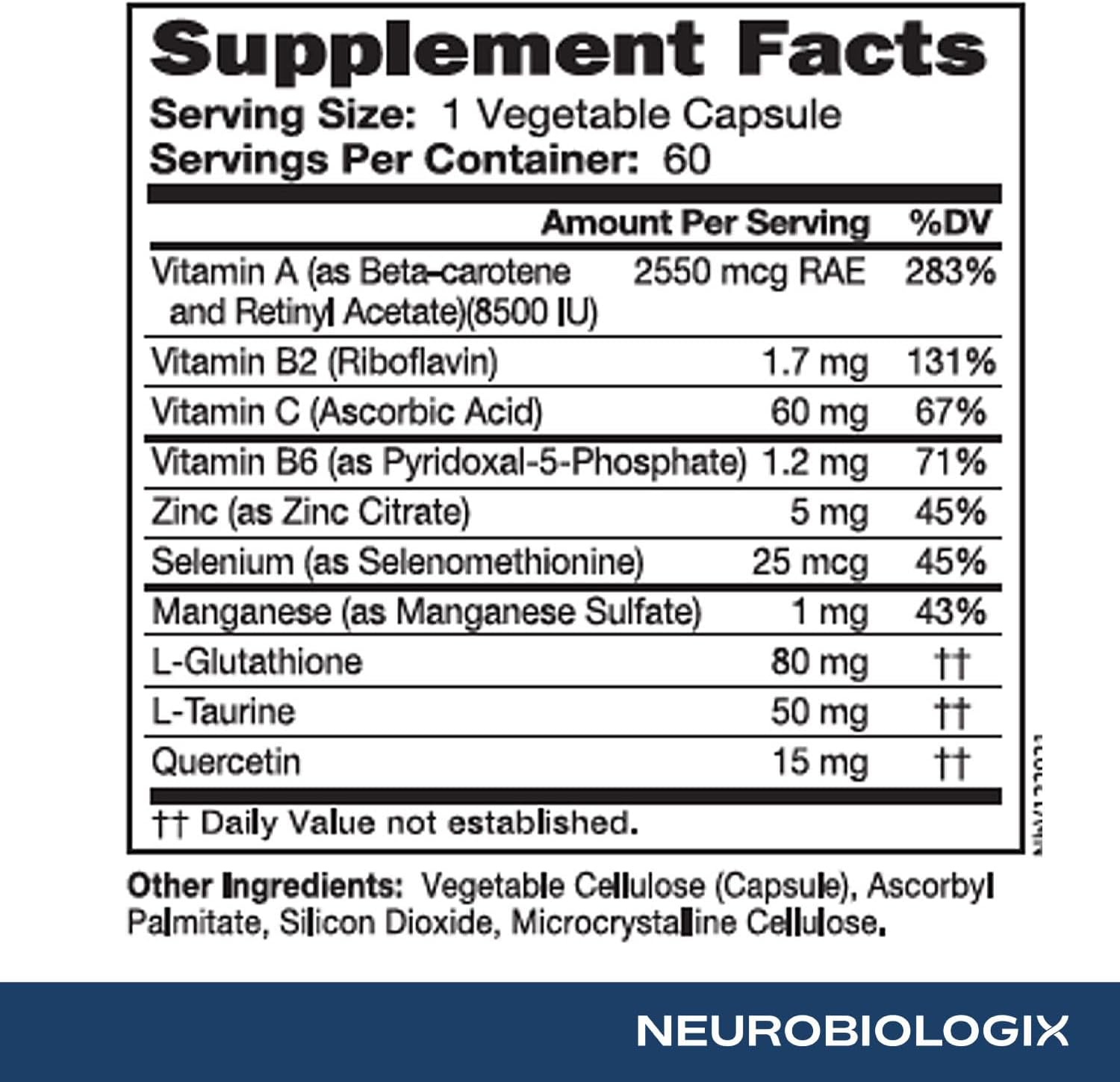 Neurobiologix Glutathione Ultra - L-Glutathione Antioxidant Complex with Vitamin C, A, B2, B6, Zinc, Selenium, Manganese, Taurine & Quercetin, 60 Vegan Capsules - görsel 5