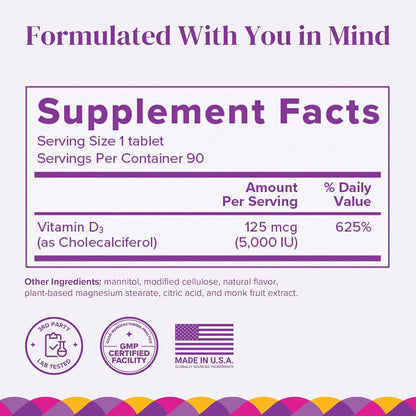 BariMelts Vitamin D3 5000 IU, 90 Fast-Dissolving Tablets (3-Month Supply), Bariatric Vitamins for Women, Natural Apple Flavour
