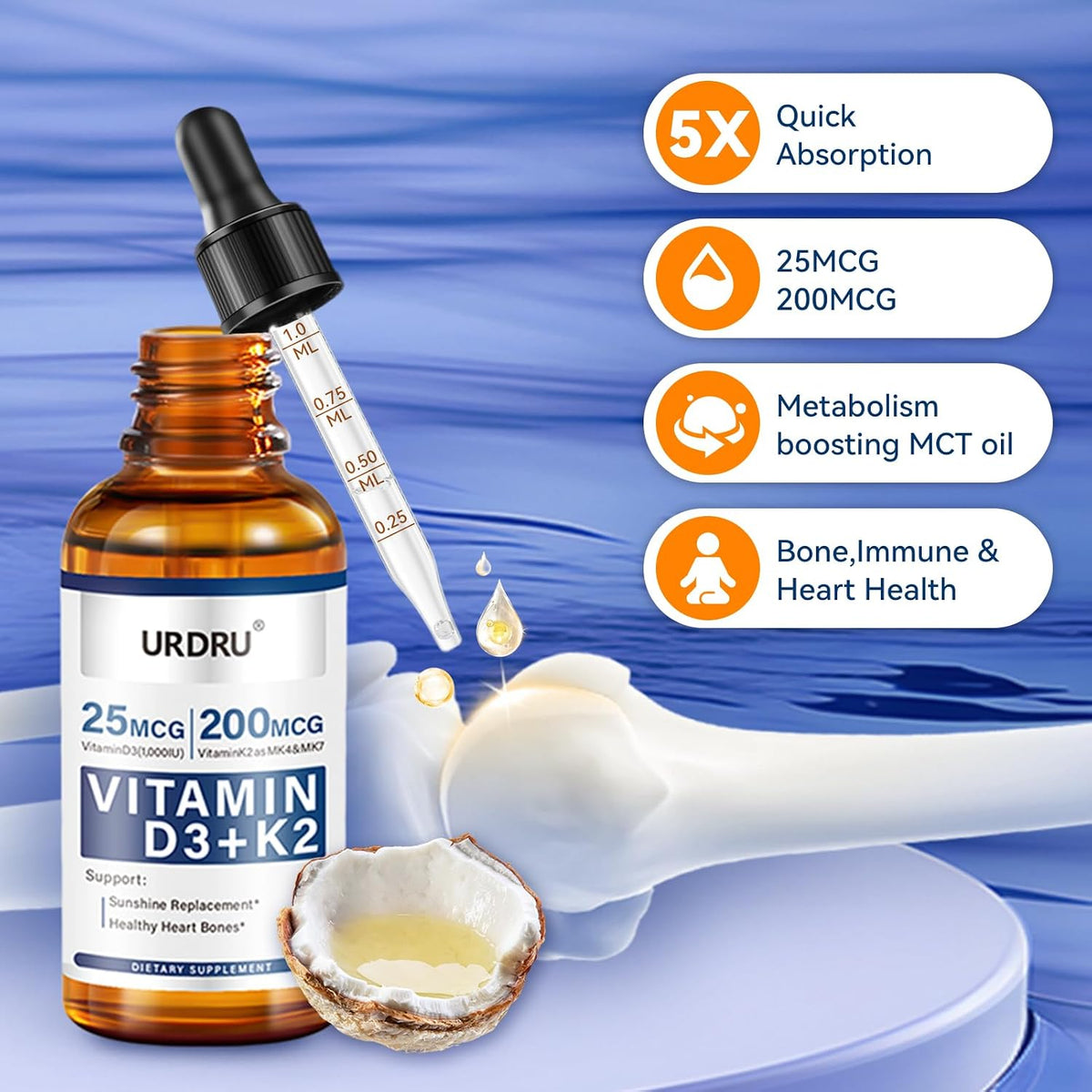 URDRU Organic Vitamin D3 K2 Liquid Drops - 1000 IU D3 & 200 mcg K2 - 30 ml Maximum Absorption Drops for Immune and Mood, Bone and Teeth Health - görsel 3