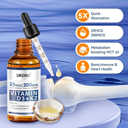 URDRU Organic Vitamin D3 K2 Liquid Drops - 1000 IU D3 & 200 mcg K2 - 30 ml Maximum Absorption Drops for Immune and Mood, Bone and Teeth Health