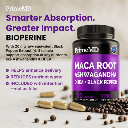 6-in-1 Organic Maca Root & Ashwagandha Capsules with DHEA and Black Pepper – 1710mg, 120 Capsules (Pack of 3)