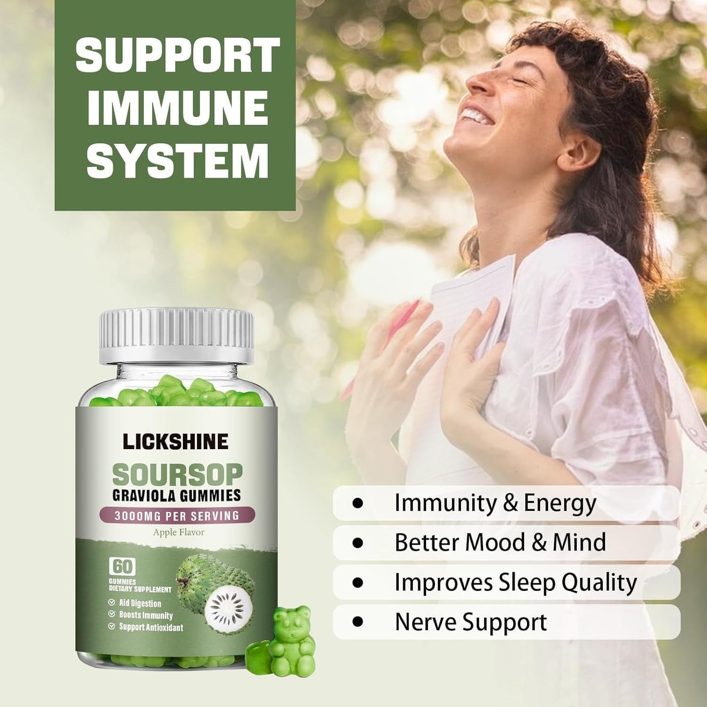 Lickshine 2 Pack Soursop Graviola Gummies - 3000mg Extra Strength with Vitamin C & Zinc - Sugar Free, Non-GMO, Vegan - Digestive Health & Immune Support - 120 Gummies - görsel 3