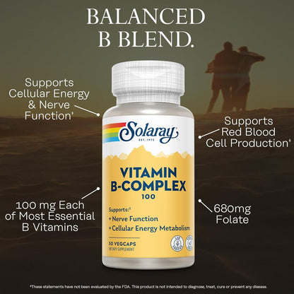 SOLARAY Vitamin B Complex 100mg | All 8 Essential B Vitamins for Energy & Nerve Support | Vegan, 50 Servings