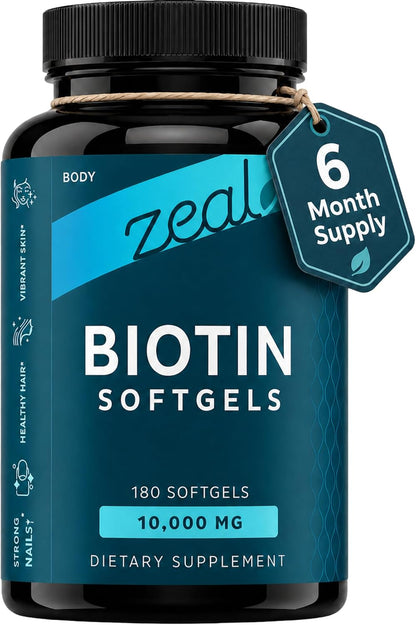 Zeal Biotin 10000mcg Oil Softgels - Hair, Skin & Nails Support - 180 Softgels