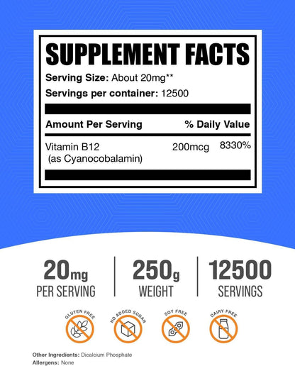 BulkSupplements Vitamin B12 Powder - Cyanocobalamin, 20mg per Serving, 250g