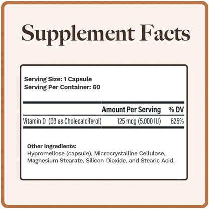 Utzy Naturals D3 5,000 IU Vitamin D3 Food Supplement - 60 Capsules