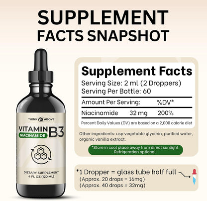 Liquid Vitamin B3 (as Niacinamide) Food Supplement – Non-Flush Form of Niacin – Fast Absorption – Convenient Niacin Drops for Women and Men – 120 ml