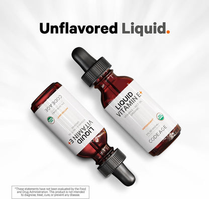 Codeage Liquid Vitamin E+ - USDA-Certified Organic Vitamin E - 2-Month Supply - D-Alpha Tocopherol Acetate, Organic MCT Oil, Orange Fruit Oil, Unflavoured, Non-GMO, Vegan, Gluten-free, 60 ml
