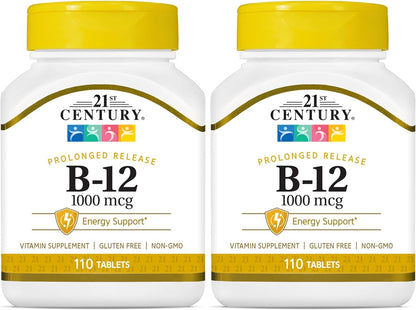 21st Century B12 1000 mcg Prolonged Release Tablets, Cyanocobalamin for Energy and Nerve Support, Gluten Free, 110 Tablets